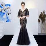 PLUS Size Black Gold V Neck Party Dress Women Short Sleeve Elegant Sequin Evening Long Prom Dress