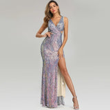 Slit Sexy Sequins Evening Dress Womens V-neck Long Party Dress