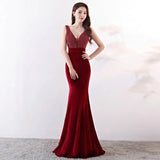 New V-neck Beading Long Evening Dress Sexy Backless Velour Evening Party Dress
