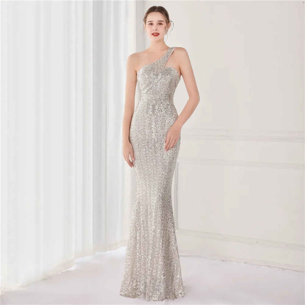 Women New Design Slash Neck Party Maxi Dress One Shoulder Sequin Evening Dress Long Prom Dress