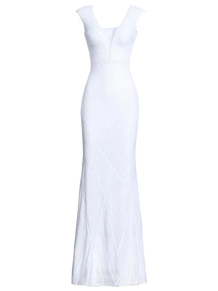 Sexy V Neck Backless White Sequin Evening Dress New Women Beading Party Maxi Long Prom Dress