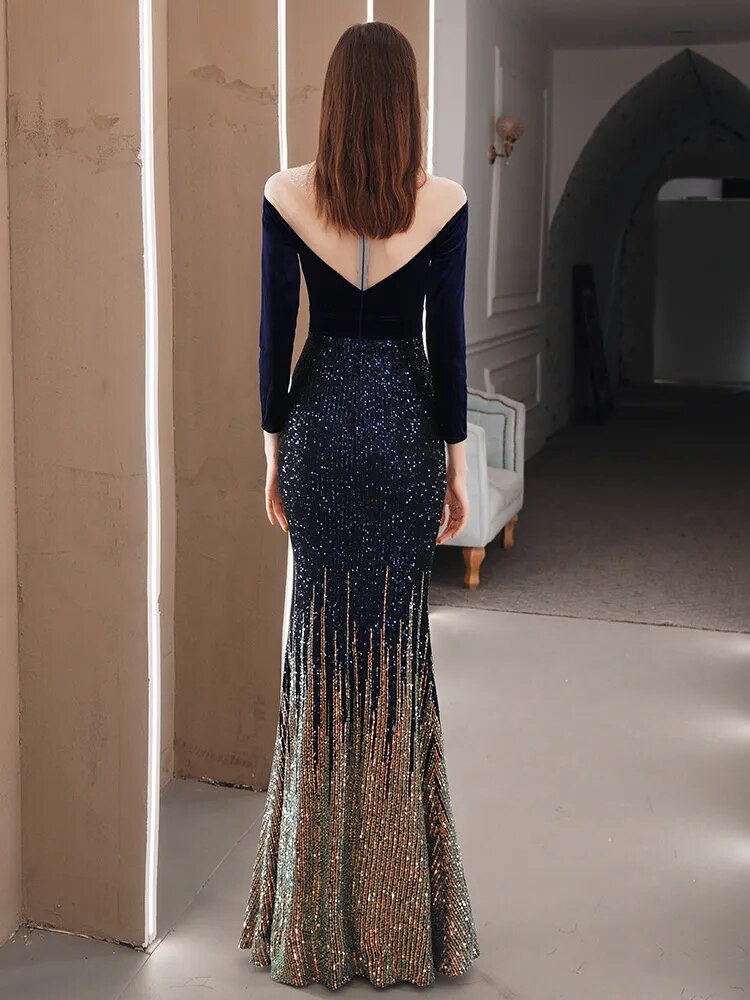 Elegant See Through Velour Evening Dress Women Long Sleeve Sequin Party Dress