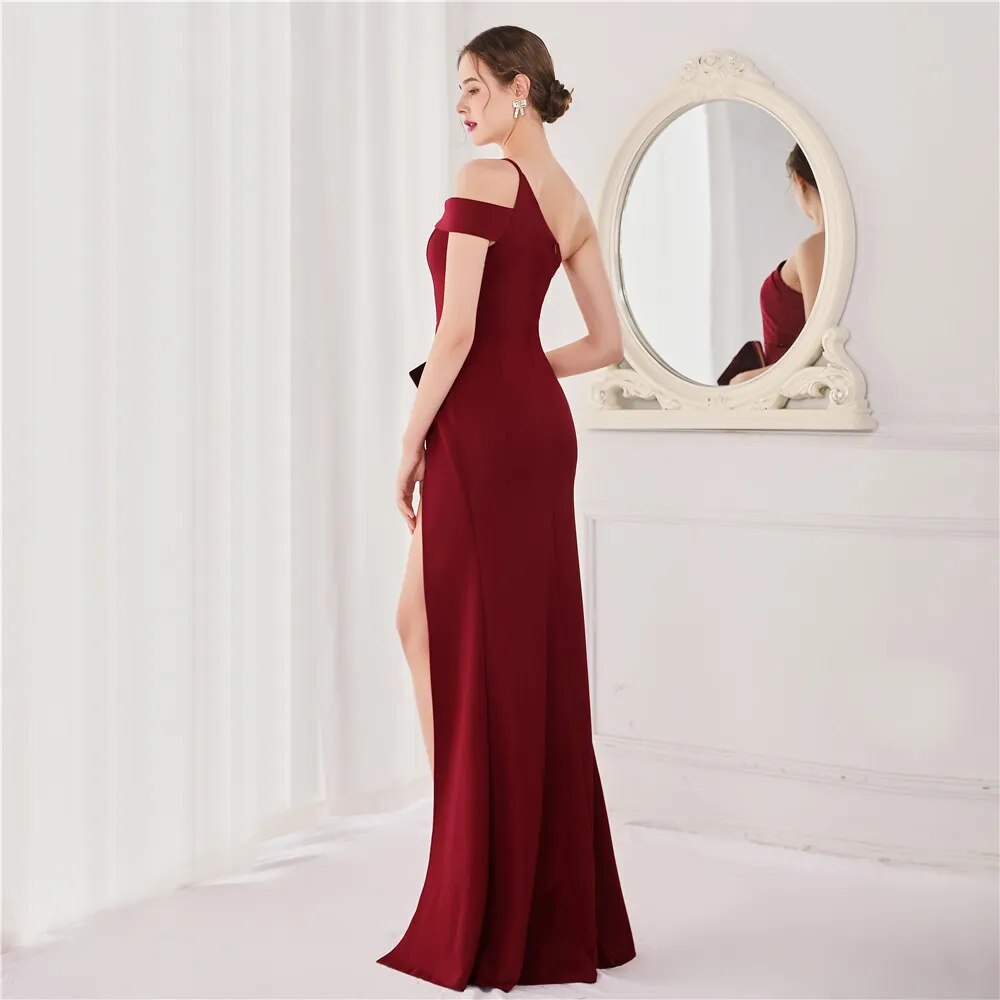 Women Burgundy New One Shoulder Soft Satin Party Maxi Dress Sexy Slit Evening Long Prom Dress