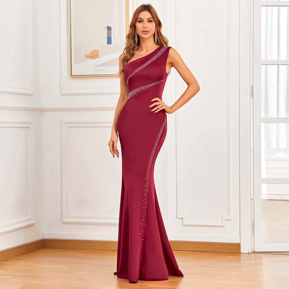 Elegant One Shoulder Burgundy Evening Women Soft Satin Crystal Party Maxi Long Prom Dress