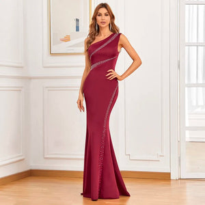 Elegant One Shoulder Burgundy Evening Women Soft Satin Crystal Party Maxi Long Prom Dress