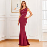 Elegant One Shoulder Burgundy Evening Women Soft Satin Crystal Party Maxi Long Prom Dress
