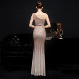 Elegant One Shoulder Slit Gold Sequin Evening Dress Women Beads Party Maxi Dress