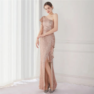 Elegant One Shoulder Gold Sequin Women Slit Evening Dress Party Maxi Dress Long Prom Dress