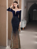 Elegant See Through Velour Evening Dress Women Long Sleeve Sequin Party Dress