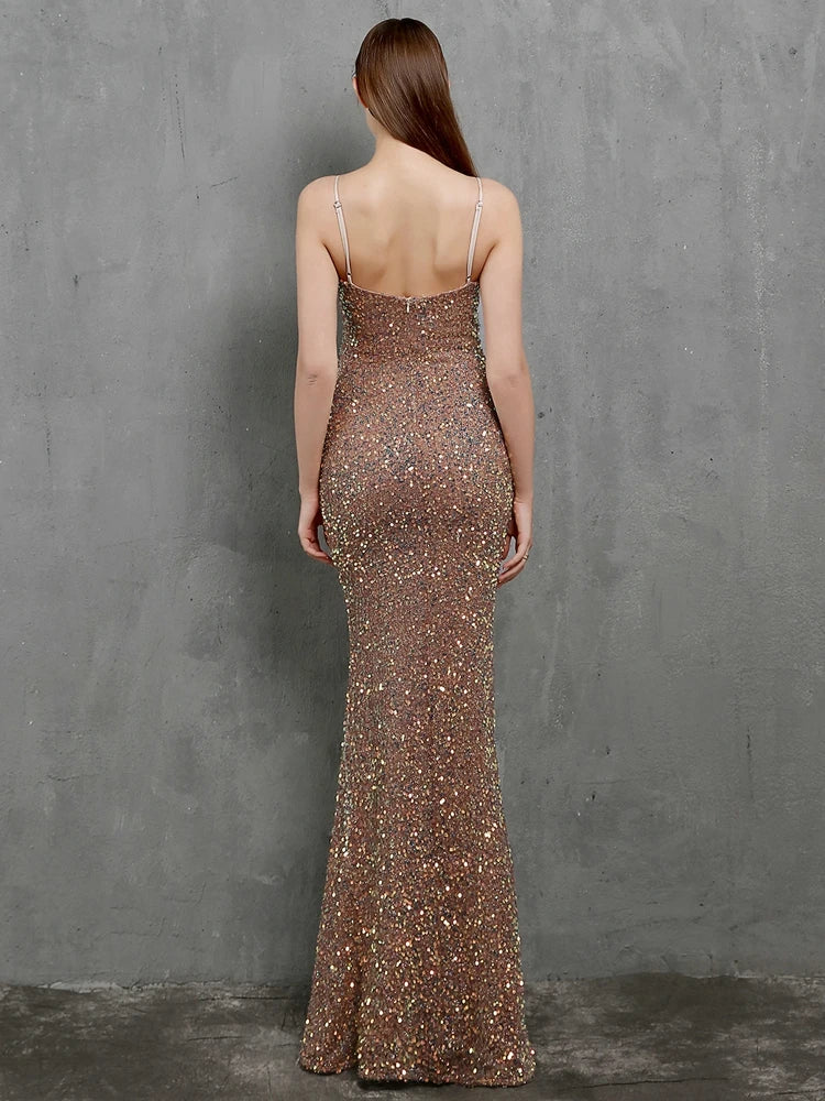 Sexy V-neck Long Sequin Evening Dress Strap Women Party Dress