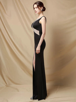 Women See Through Crystal Formal Black Party Maxi Dress Soft Satin V Neck Slit Evening Dress Long Prom Dress