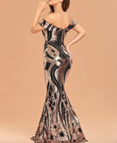 New Women Party Maxi Dress Elegant Off Shoulder Black Gold Sequin Evening Dress
