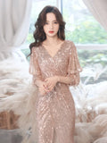 Elegant Maxi Dress Gold Sequin Evening Dress Women Formal Long Sleeve Party Dress