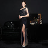 Elegant One Shoulder Slit Gold Sequin Evening Dress Women Beads Party Maxi Dress