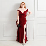 Plus Size Elegant Green Women Party Dress Slit Long Prom Dress Off Shoulder Soft Satin Pleat Long Evening Dress