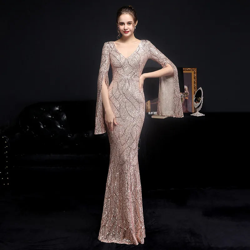 Elegant Party Maxi Dress Gold Sequin Evening Dress Women Long Sleeve Prom Dress