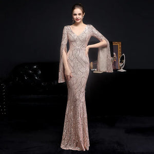 Elegant Party Maxi Dress Gold Sequin Evening Dress Women Long Sleeve Prom Dress