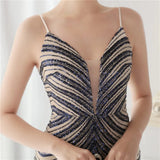 Sexy V Neck Evening Dress Blue Sequin Long Prom Dress Women Strap Party Maxi Dress