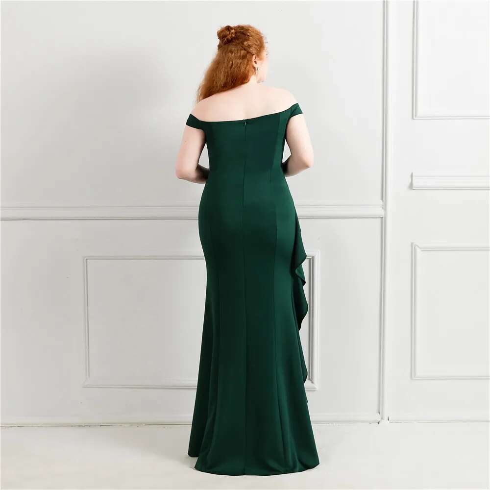 Plus Size Elegant Green Women Party Dress Slit Long Prom Dress Off Shoulder Soft Satin Pleat Long Evening Dress