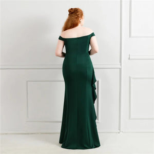 Plus Size Elegant Green Women Party Dress Slit Long Prom Dress Off Shoulder Soft Satin Pleat Long Evening Dress