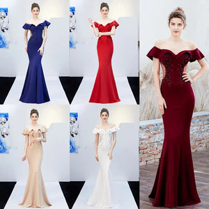 Soft Satin See Through Appliques Beading Long Evening Elegant Off Shoulder Party Maxi Prom Dress