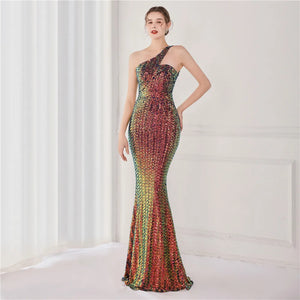 Women New Design Slash Neck Party Maxi Dress One Shoulder Sequin Evening Dress Long Prom Dress