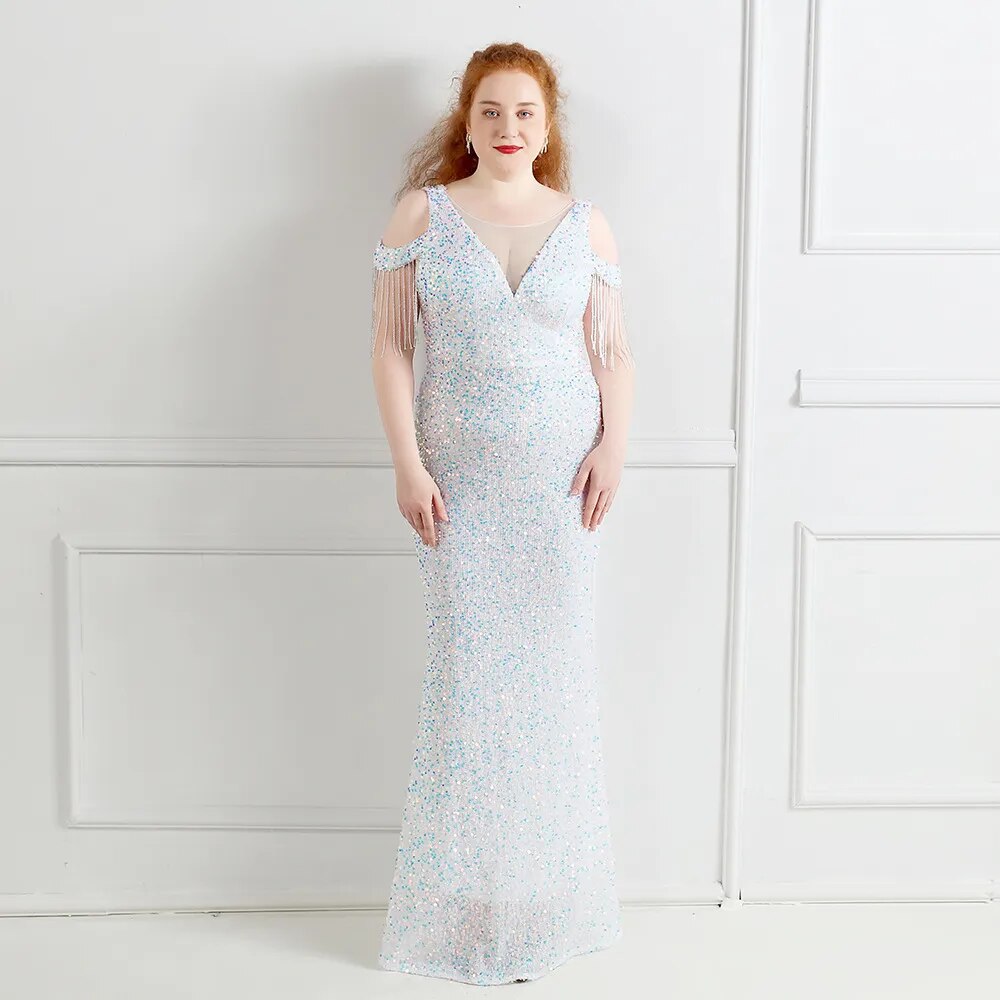 Plus Size Women New Off Shoulder Party Bodycon Maxi Dress Elegant V Neck Gold Sequin Evening Dress