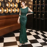 Elegant Maxi Dress Gold Sequin Evening Dress Women Formal Long Sleeve Beads Party Prom Dress