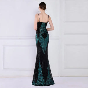 Women Strap Party Maxi Dress Sexy V Neck Evening Dress Green Sequin Long Prom Dress