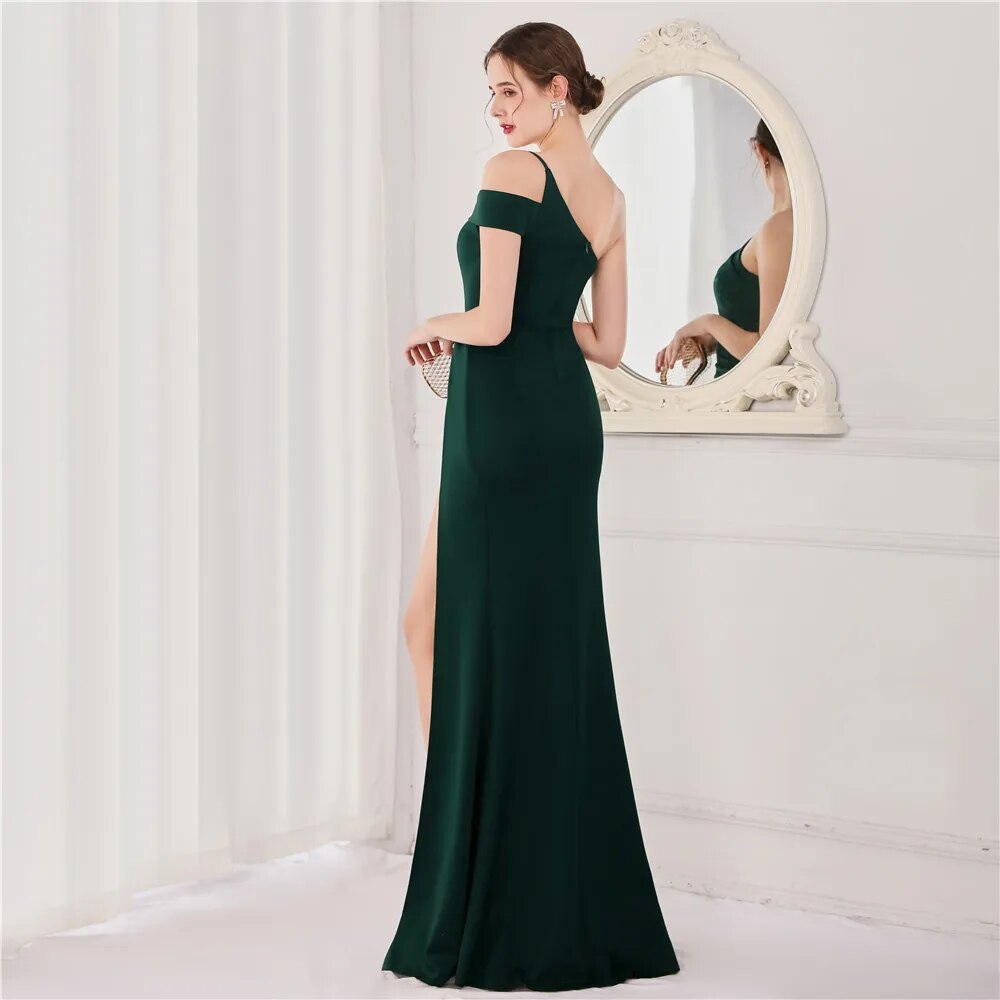 Women Green New One Shoulder Soft Satin Party Maxi Dress Sexy Slit Evening Dress Long Prom Dress