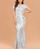 Elegant Short Sleeve Beaded Party Bodycon Maxi Dress Women White Silver Sequin Evening Dress
