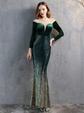 Elegant See Through Velour Evening Dress Women Long Sleeve Sequin Party Dress