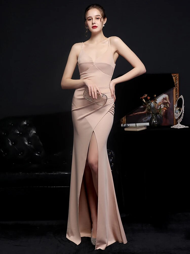 Soft Satin Sexy Strap Pleat Evening Dress Women's Backless Slit Party Maxi Dress Long Prom Dress