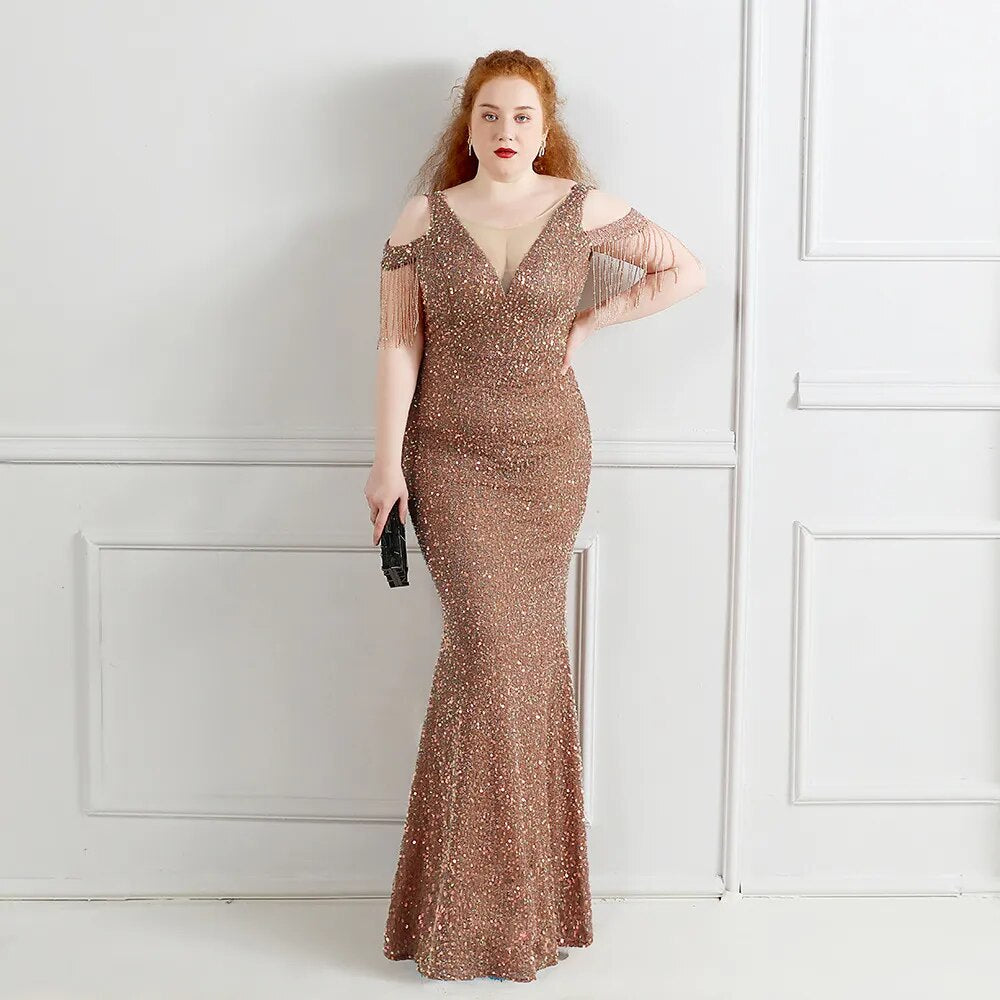 Plus Size Women New Off Shoulder Party Bodycon Maxi Dress Elegant V Neck Gold Sequin Evening Dress