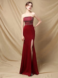 Burgundy Off Shoulder Soft Satin Rhinestone Dress Sexy Slit Evening Dress Women's Party Maxi Dress Long Prom Dress