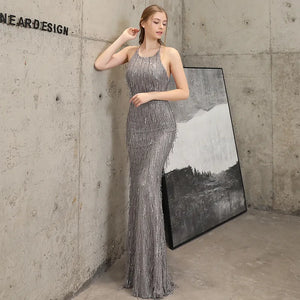 Off Shoulder Tassel Sequin Dress Women Sexy Corss Back Long Evening Party Dress