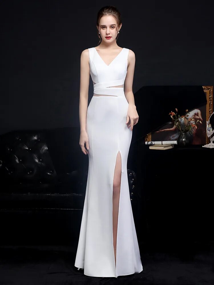 Women Elegant V Neck Backless Party Maxi Dress Beads Prom Dress Formal Gown