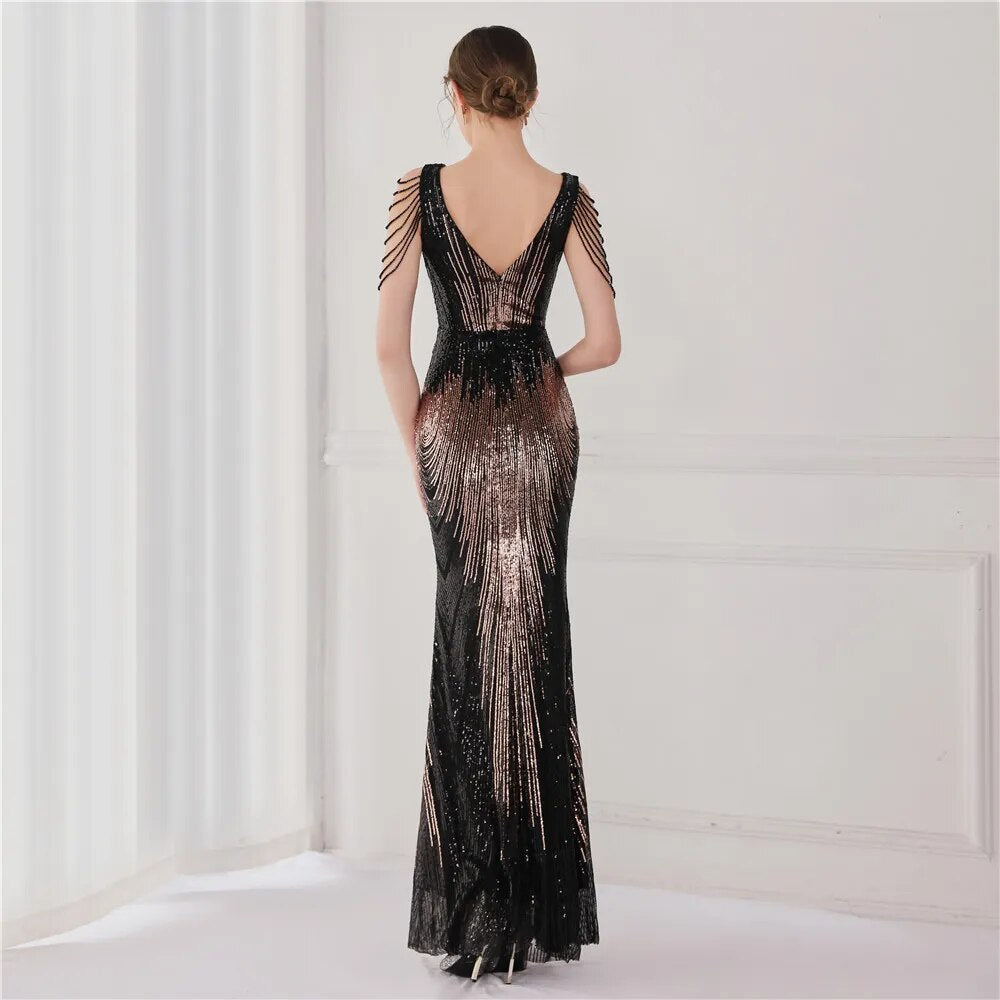 Women Beading Long Prom Dress Deep V Neck Black Gold Sequin Evening Dress Sexy Party Maxi Dress