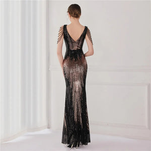 Women Beading Long Prom Dress Deep V Neck Black Gold Sequin Evening Dress Sexy Party Maxi Dress
