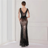 Women Beading Long Prom Dress Deep V Neck Black Gold Sequin Evening Dress Sexy Party Maxi Dress