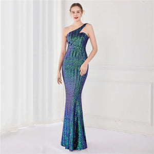 Women New Design Slash Neck Party Maxi Dress One Shoulder Sequin Evening Dress Long Prom Dress
