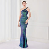 Women New Design Slash Neck Party Maxi Dress One Shoulder Sequin Evening Dress Long Prom Dress