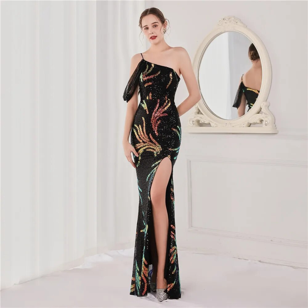 Women Black Elegant Off Shoulder Slit Sequin Evening Dress Beads Party Maxi Dress