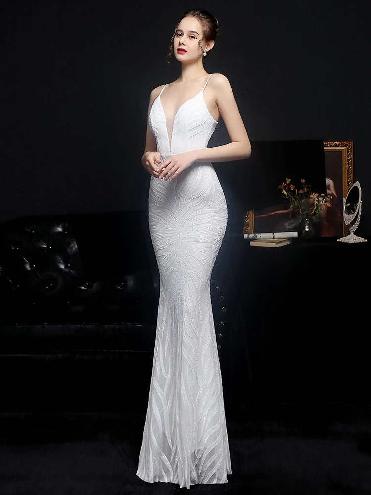 Women Strap Party Maxi Dress Sexy V Neck Evening Dress White Sequin Long Prom Dress