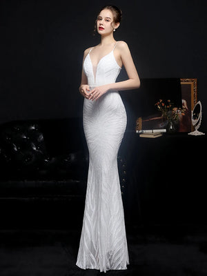 Women Strap Party Maxi Dress Sexy V Neck Evening Dress White Sequin Long Prom Dress