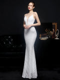 Women Strap Party Maxi Dress Sexy V Neck Evening Dress White Sequin Long Prom Dress
