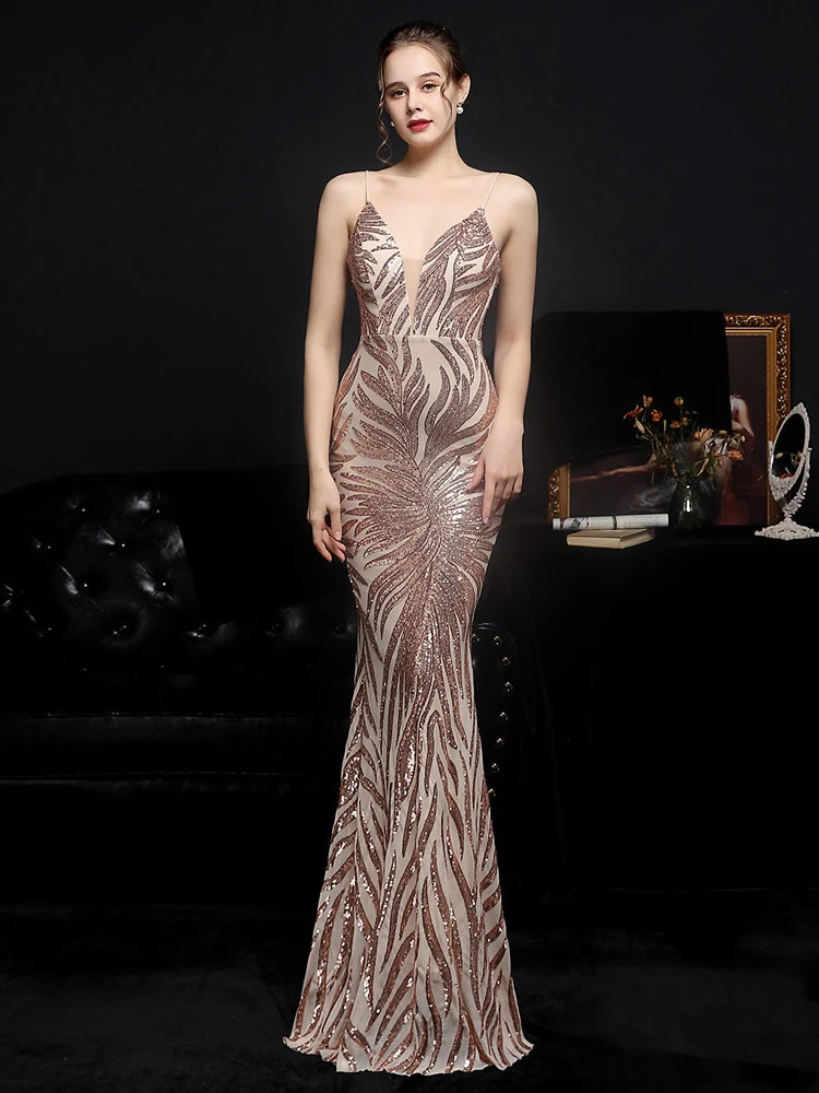 Women Strap Party Maxi Dress Sexy V Neck Evening Dress White Sequin Long Prom Dress