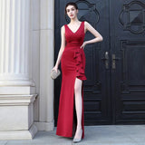 Pink Soft Satin V Neck Slit Prom Dress Women Party Maxi Dress Elegant Pleat Long Evening Dress
