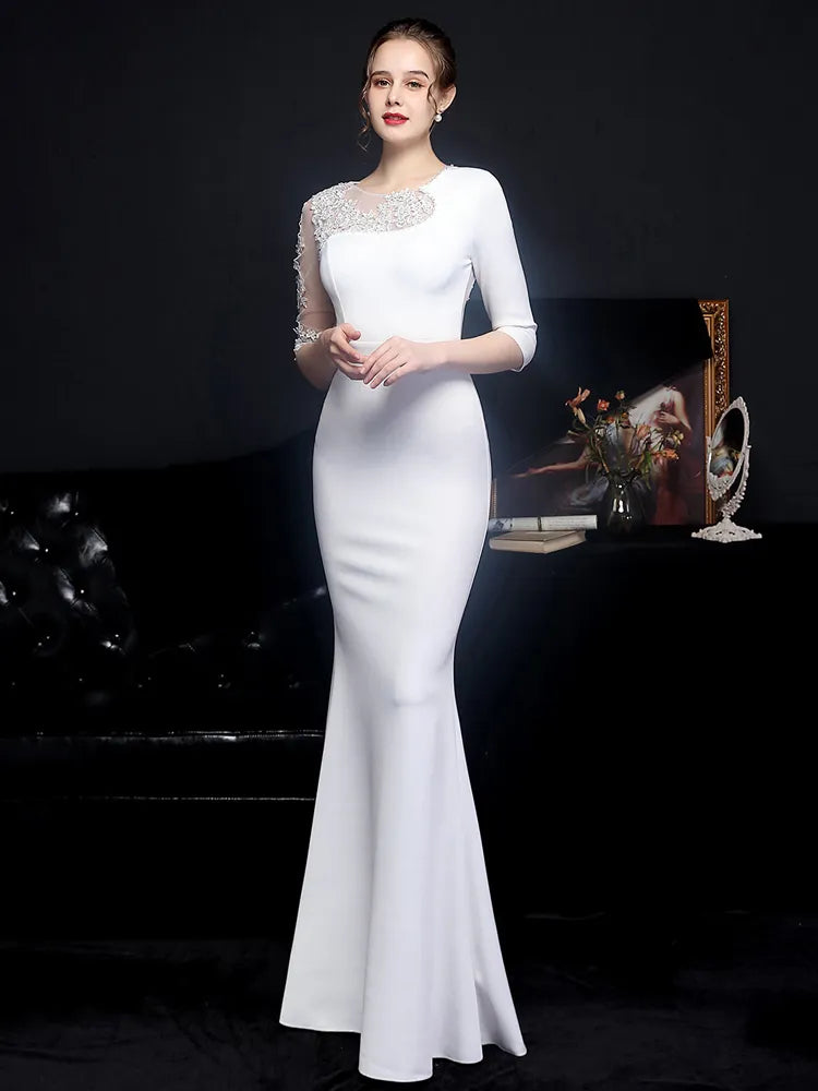 Elegant Burgund Appliques Beads Evening Dress See through Tulle Long Sleeve Dress