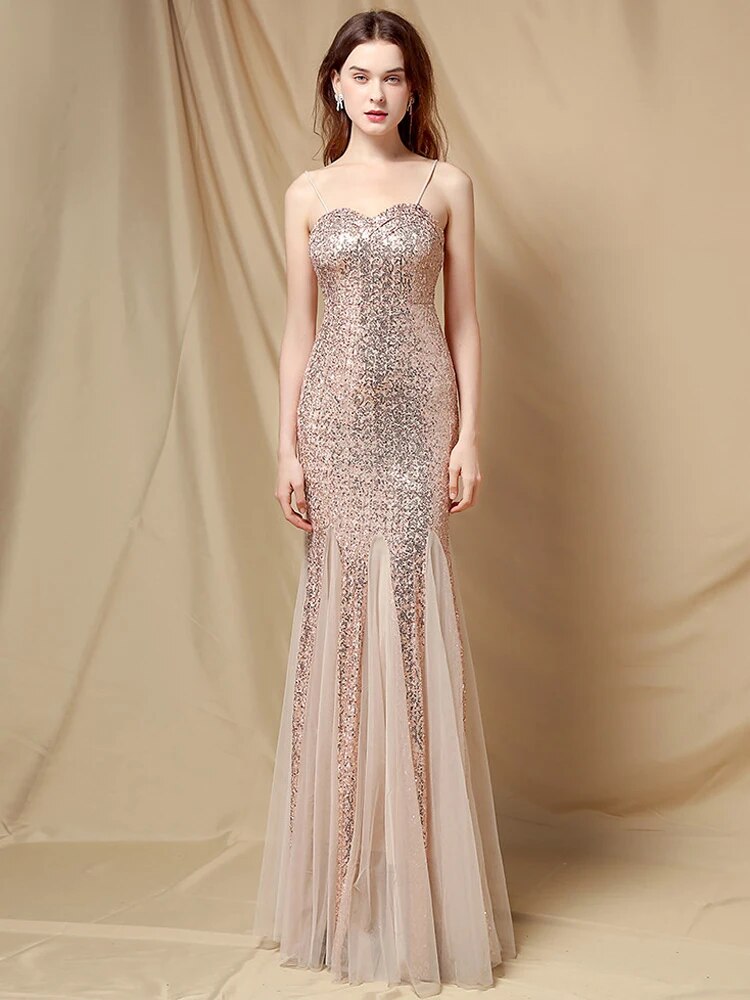 Sexy Strap Green Sequin Evening Dress Women's Party Maxi Dress Long Prom Dress